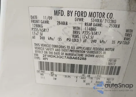 2010 Ford Edge Se from USA, damaged, VIN 2FMDK3GC7ABA65288